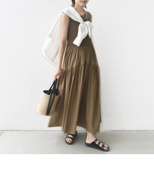 〈手洗い可能〉コットン リブ ノースリーブ × 布帛 スカート ワンピース