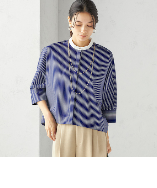 シップス　ストライプデザイン織物長袖シャツ　美品　ボリュームスリーブ ストライプ シャツ レディース 長袖 ロング おしゃれ ゆったり
