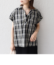 innowave:〈手洗い可能〉TC チェック スキッパー フレンチスリーブ ブラウス