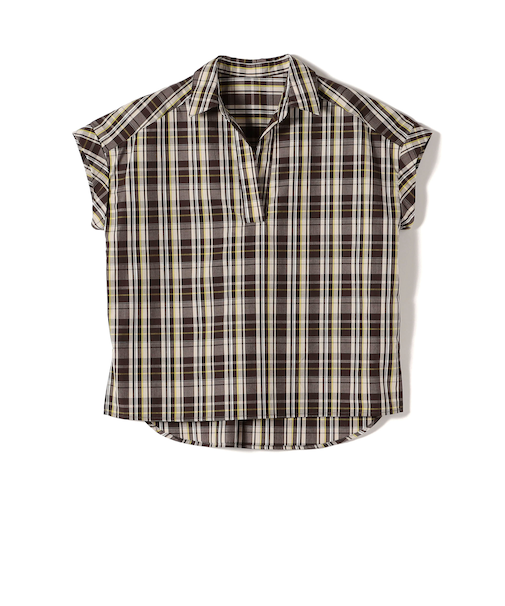 innowave:〈手洗い可能〉TC チェック スキッパー フレンチスリーブ ブラウス