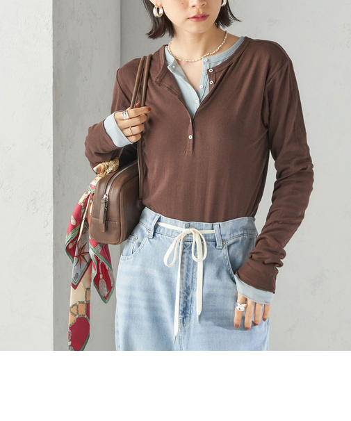 《一部追加予約》【SHIPS別注】miller: シアー ヘンリー ネック ロング スリーブ TEE