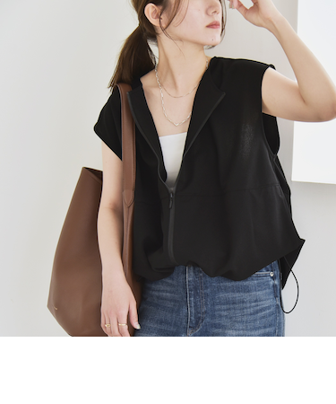 quaranciel:〈手洗い可能〉カット ジョーゼット ドロスト ジップ ベスト