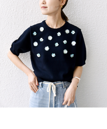 〈手洗い可能〉フラワー ビジュー ショート スリーブ ニット プルオーバー