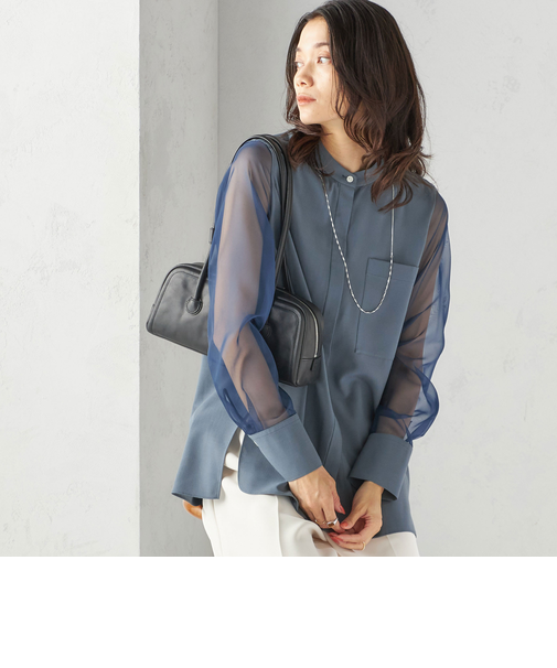 〈手洗い可能〉シアー 袖 ポケット デザイン シャツ