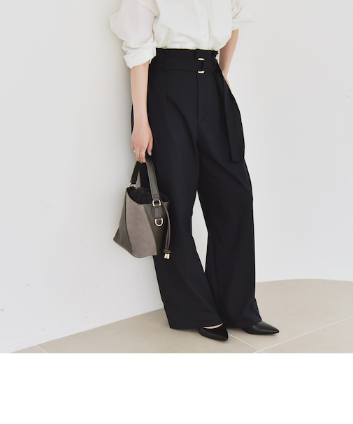 quaranciel:〈洗濯機可能〉ハンサム ハイウエスト ベルト ワイド パンツ