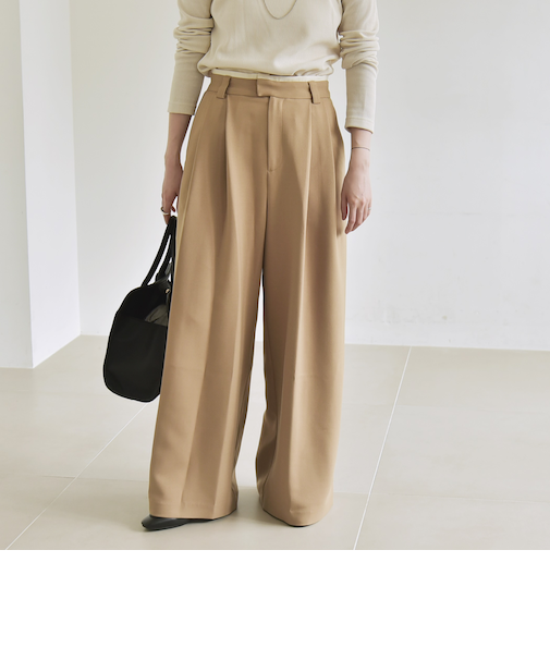 quaranciel:〈洗濯機可能〉ダブルクロス ウエスト ライン タック ワイド パンツ