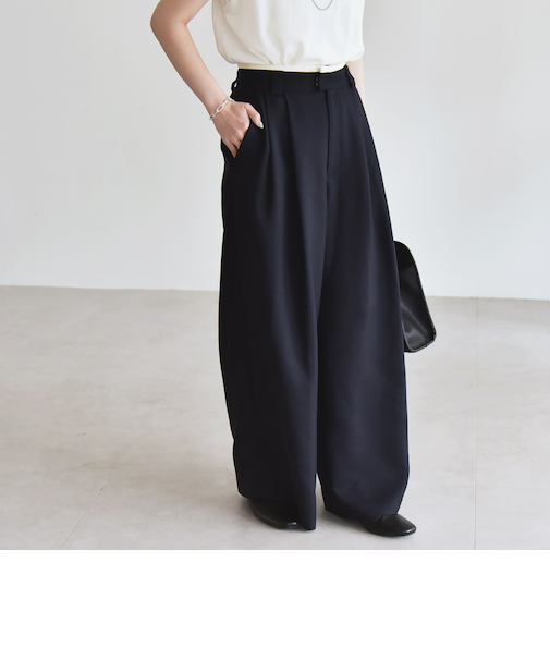 quaranciel:〈洗濯機可能〉ダブルクロス ウエスト ライン タック ワイド パンツ