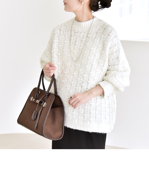 quaranciel:〈手洗い可能〉透かし編み クルーネック ドルマン ルーズ ニット プルオーバー