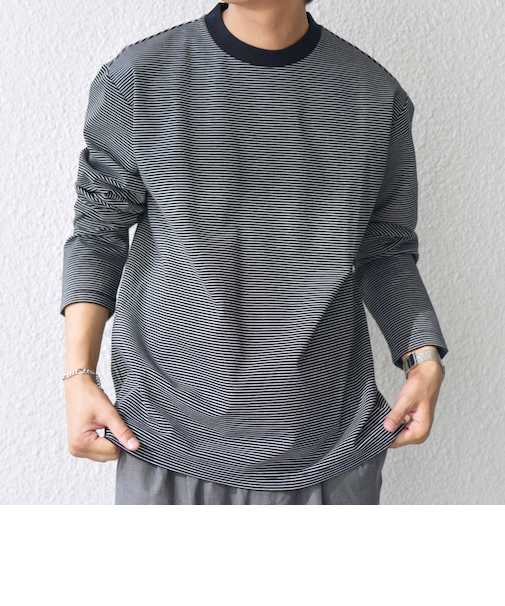 SHIPS any: デザインリブ ハイゲージ ポンチ マイクロ ボーダー Tシャツ (ロンT)◇