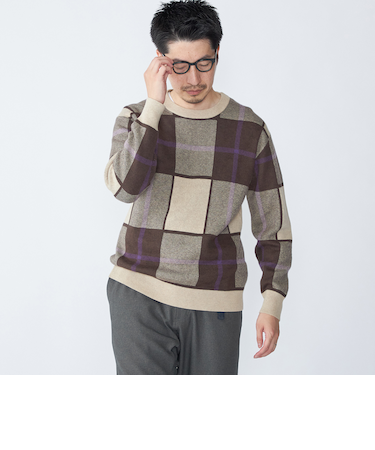 SHIPS:〈洗濯機可能〉 コットン カシミヤ チェック クルーネック ニット