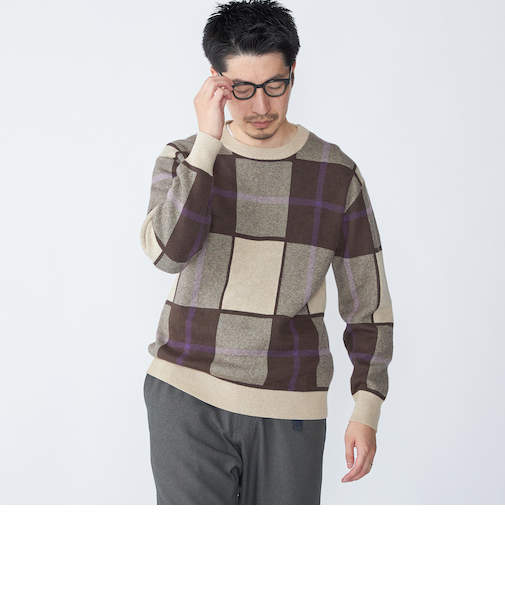 SHIPS:〈洗濯機可能〉 コットン カシミヤ チェック クルーネック ニット