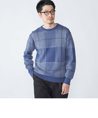 SHIPS:〈洗濯機可能〉 コットン カシミヤ チェック クルーネック ニット