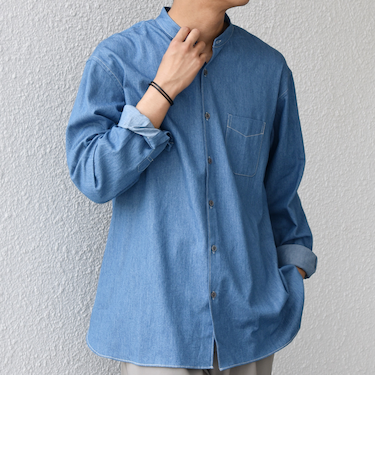 SHIPS any:〈洗濯機可能〉4.5oz ライト デニム バンドカラー シャツ◇