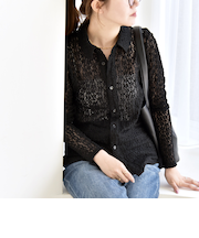 quaranciel:〈手洗い可能〉フラワー レース ストレッチ レギュラーカラー シャツ カットソー
