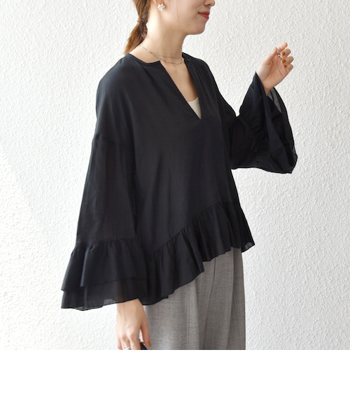 シップス エニィ（SHIPS any）/SHIPS any:〈洗濯機可能〉コットン モス ラッフル フリル キーネック ブラウス SHIPS any:〈洗濯機可能〉コットン モス ラッフル フリル キーネック