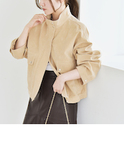 quaranciel〈洗濯機可能〉ポリエステル スエード スタンドカラー ジップ ショート ブルゾン