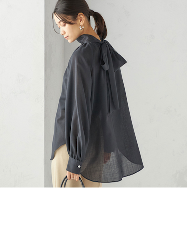 〈手洗い可能〉ウール混 シアー ボイル リボン ブラウス