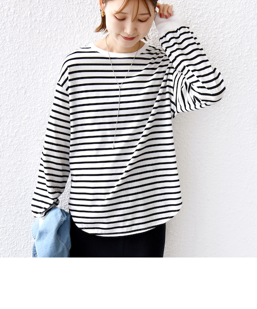 コットン 天竺 ラウンド ヘム 袖 リブ カットソー