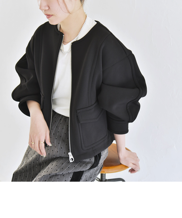 《予約》quaranciel:〈洗濯機可能〉ダンボール 裏起毛 ノーカラー ジップ ショートブルゾン