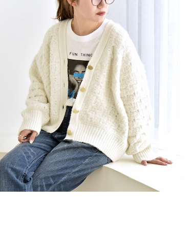 quaranciel:〈手洗い可能〉透かし編み Vネック コンパクト ドルマン ニット カーディガン