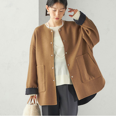 セミ 梳毛 配色 リバーシブル ノーカラー ショート コート