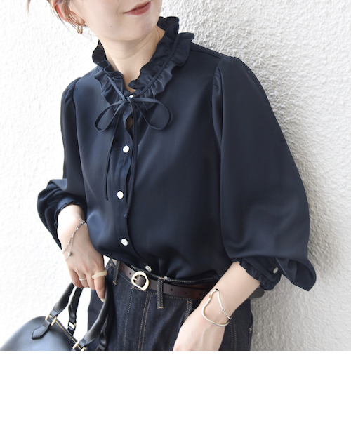 一部追加予約》SHIPS any:〈洗濯機可能〉サテン フリル カラー リボン