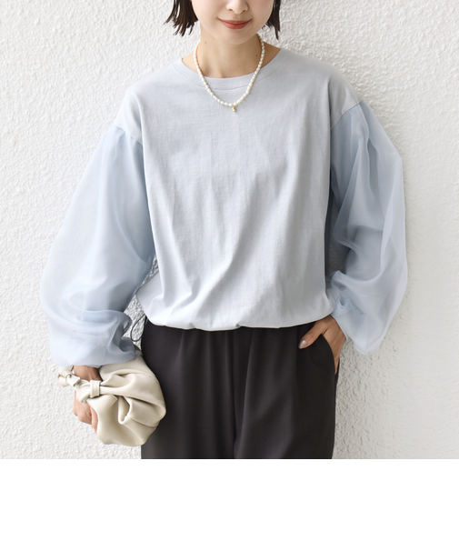 《一部追加予約》【WEB限定】〈手洗い可能〉シアー コンビ 裾 ドロスト プルオーバー