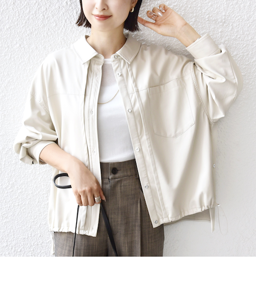 【WEB限定】〈手洗い可能〉合成皮革 裾 ドロスト シャツ 羽織