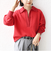 【WEB限定】〈手洗い可能〉ケーブル ジャージー ポロ プルオーバー