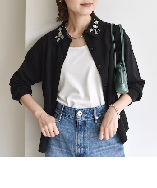 【WEB限定】〈手洗い可能〉ビーズ 刺しゅう 襟付 ニット カーディガン