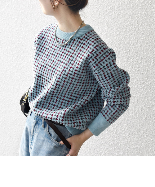 SHIPS any:〈手洗い可能〉モールヤーン クルーネック ロゴ 千鳥柄 プル