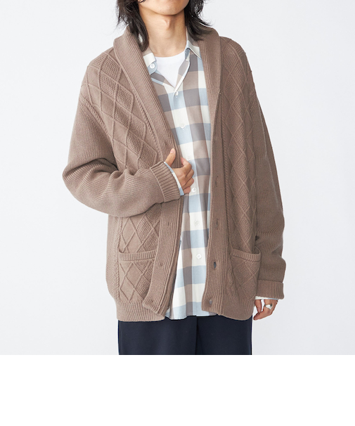 SHIPS: 〈手洗い可能〉ウールコットン アラン ショール カーディガン