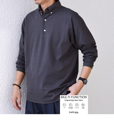 SHIPS any:〈抗菌防臭/遮熱/UVカット機能等〉 鹿の子 ロングスリーブ ポロシャツ◆