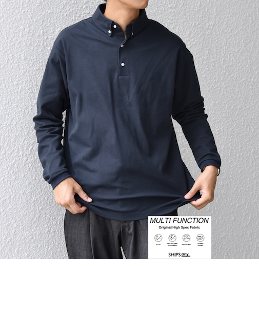 SHIPS any:〈抗菌防臭/遮熱/UVカット機能等〉 鹿の子 ロングスリーブ ポロシャツ◆
