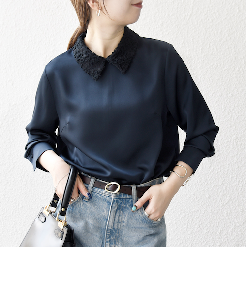 SHIPS any フラワー モチーフ ハシゴレース クルーネック ブラウス