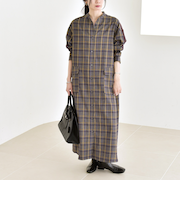 quaranciel: バンドカラー ライン チェック ポケット シャツ ワンピース