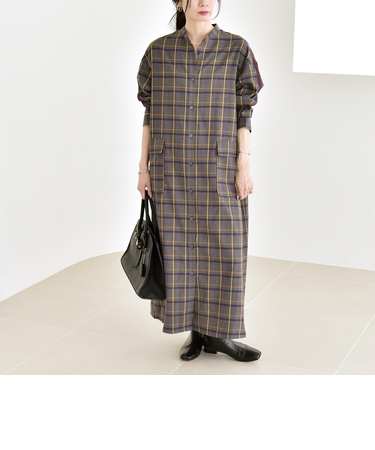 quaranciel: バンドカラー ライン チェック ポケット シャツ ワンピース