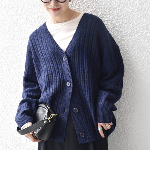 SHIPS any: リブ タック編み Vネック ルーズ ニット カーディガン