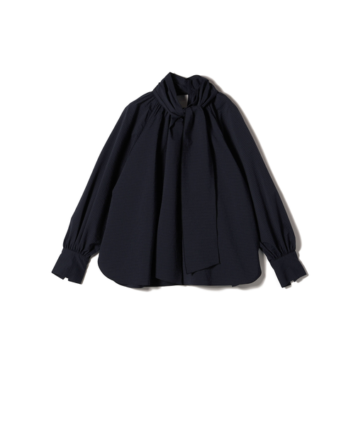 SHIPS Primary Navy Label:ストレッチ ギンガム ボウタイ ブラウス