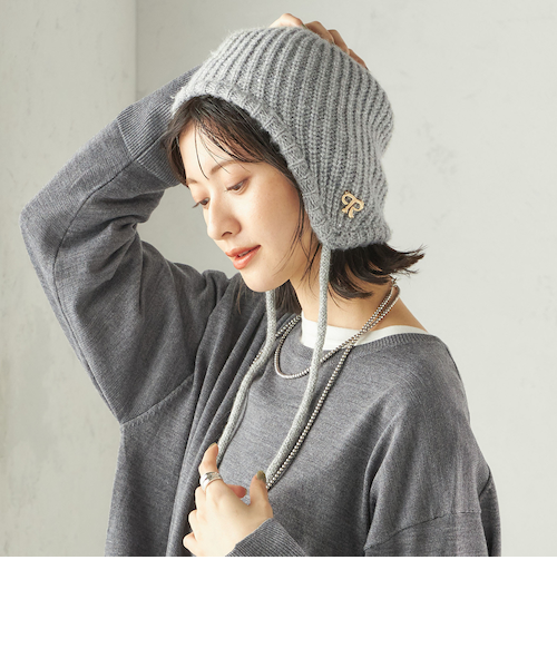 Jun Mikami モヘヤ ボンネットネイビー イヤーフラップニット帽2024 perah: ブローチ 付 イヤー フラップ ラメ ニット キャップ｜シップス