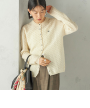 カシミヤ 細 ケーブル クルーネック カーディガン