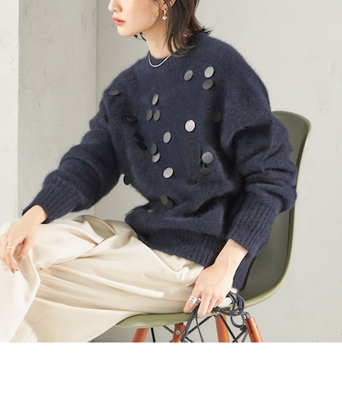 〈手洗い可能〉フォックス スパンコール クルーネック ニット