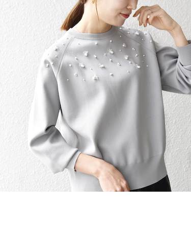 《予約》SHIPS any:〈手洗い可能〉パールモチーフ ビジュー クルーネック ニット