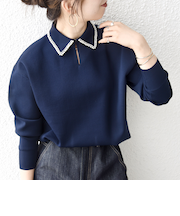《予約》SHIPS any:〈手洗い可能〉パールモチーフ スキッパー カラー ニット プルオーバー
