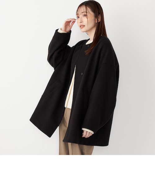 quaranciel: ウール ノーカラー ダブルフロント ミドル コート