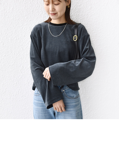 〈手洗い可能〉コットン ポリエステル ベロア ワイド スリーブ ボーダー