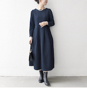 《予約》SHIPS any:〈手洗い可能〉ジャカード ウエスト タック ノーカラー ワンピース［NAVY BLUE］