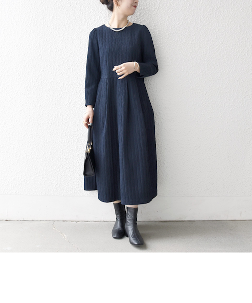 《予約》SHIPS any:〈手洗い可能〉ジャカード ウエスト タック ノーカラー ワンピース［NAVY BLUE］