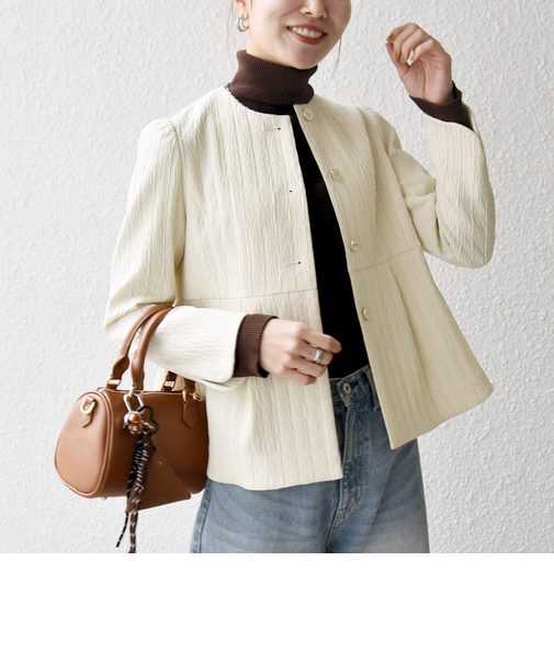 《予約》SHIPS any:〈手洗い可能〉ジャカード ノーカラー ペプラム ジャケット［NAVY BLUE］