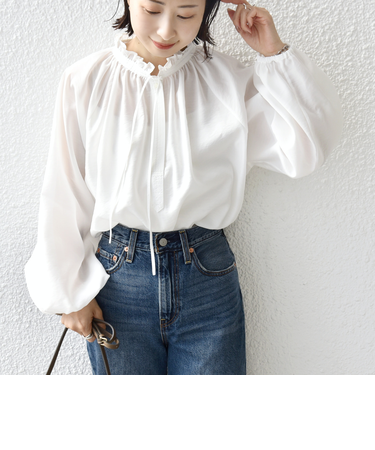 〈手洗い可能〉シアー タンブラー リボン デザイン 長袖 ブラウス